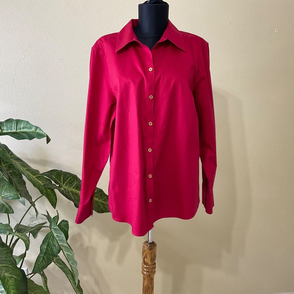 Chico’s No Iron Red Button up long sleeve Shirt Size 2 L/12 Women’s